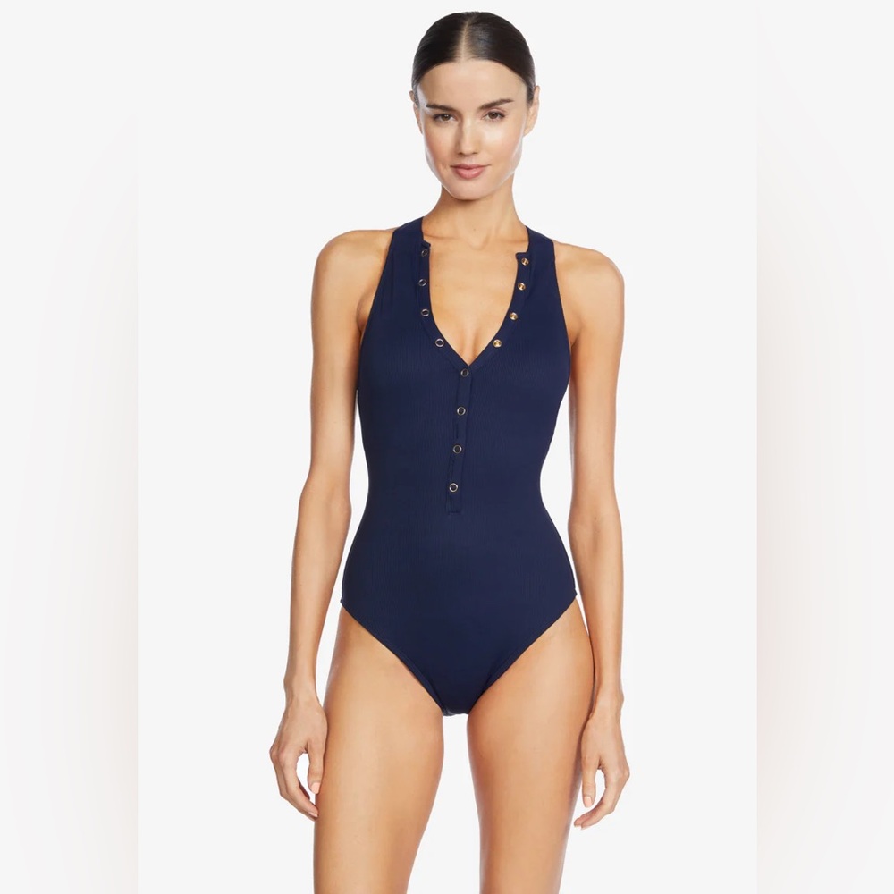 NWT ROBIN PICCONE AMY HIGH NECK 1 PIECE SWIMSUIT SIZE 10 (NAVY) - $178 retail